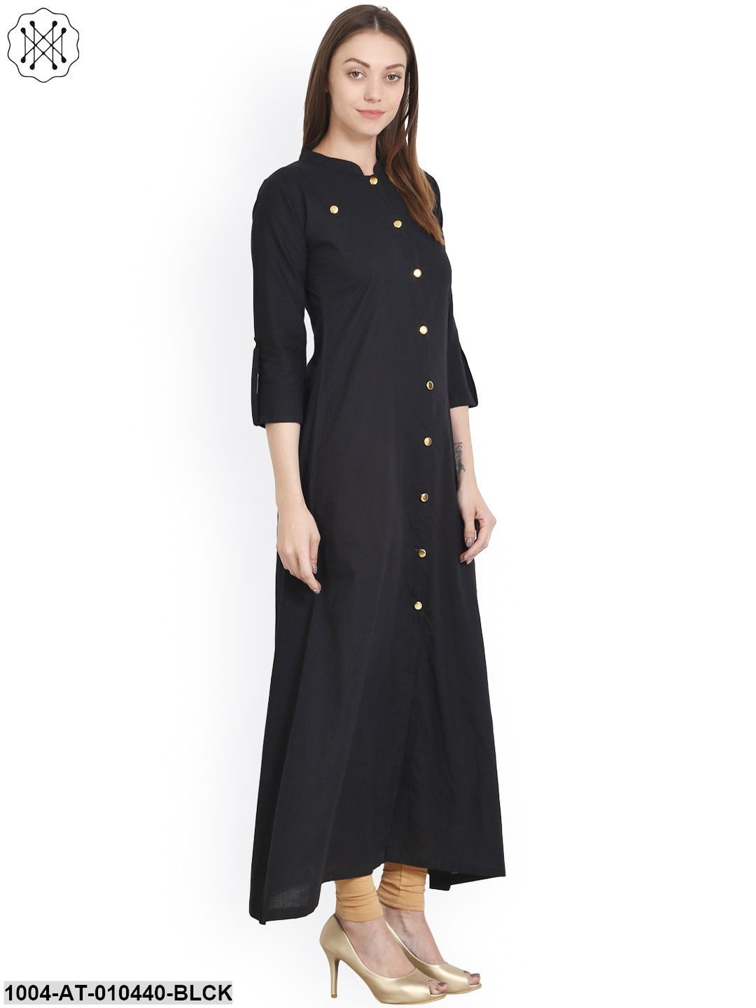Women Solid Black Three-Quarter Sleeves Mandarin Collar Cotton A-Line Kurta