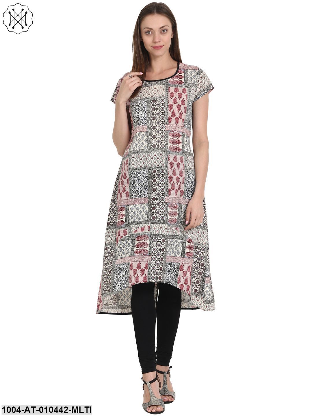 Women Printed Multi Short Sleeves Round Neck Cotton A-Line Kurta