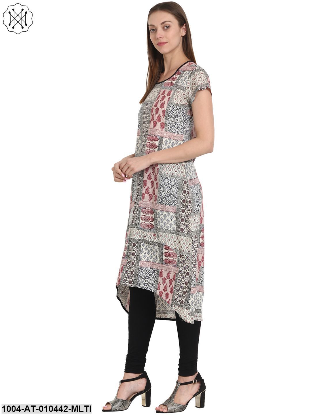 Women Printed Multi Short Sleeves Round Neck Cotton A-Line Kurta