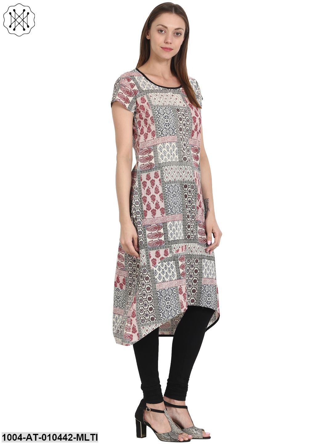 Women Printed Multi Short Sleeves Round Neck Cotton A-Line Kurta