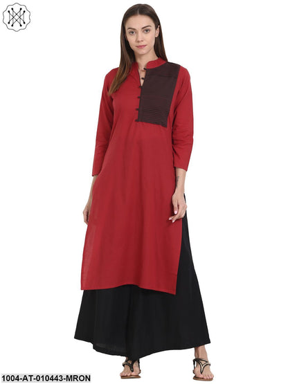 Women Solid Maroon Three-Quarter Sleeves Mandarin Collar Cotton Straight Kurta