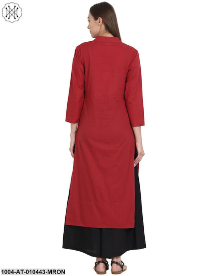 Women Solid Maroon Three-Quarter Sleeves Mandarin Collar Cotton Straight Kurta