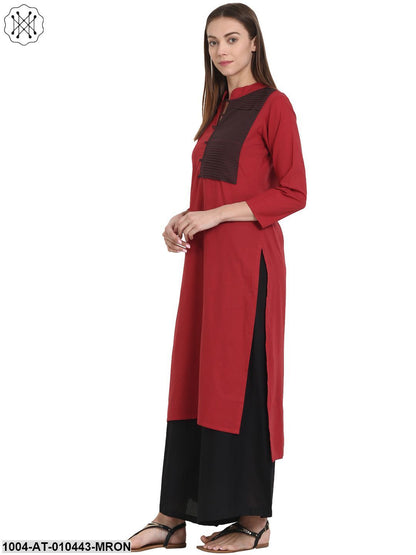 Women Solid Maroon Three-Quarter Sleeves Mandarin Collar Cotton Straight Kurta