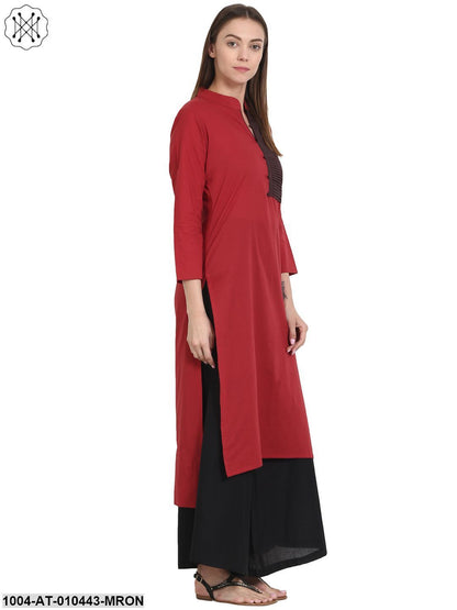 Women Solid Maroon Three-Quarter Sleeves Mandarin Collar Cotton Straight Kurta