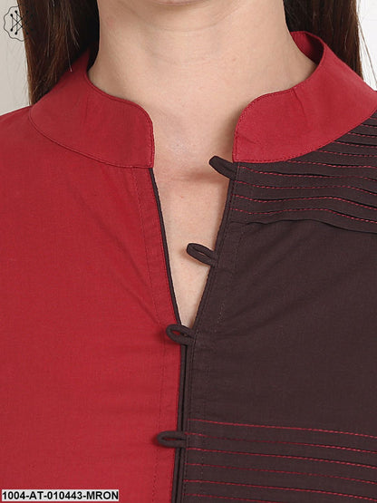 Women Solid Maroon Three-Quarter Sleeves Mandarin Collar Cotton Straight Kurta