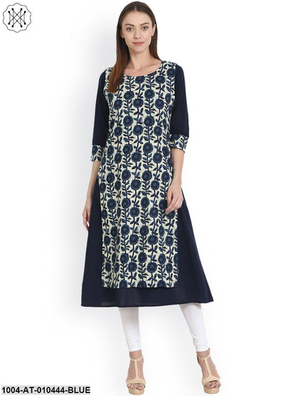 Women Printed Blue Three-Quarter Sleeves Scoop Neck Cotton Straight Kurta