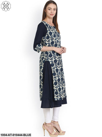 Women Printed Blue Three-Quarter Sleeves Scoop Neck Cotton Straight Kurta