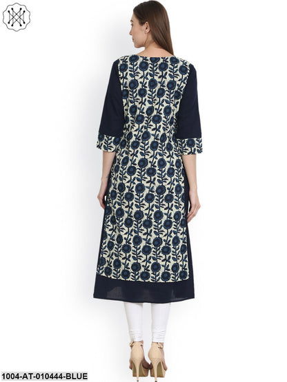 Women Printed Blue Three-Quarter Sleeves Scoop Neck Cotton Straight Kurta