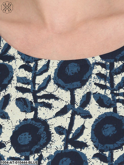 Women Printed Blue Three-Quarter Sleeves Scoop Neck Cotton Straight Kurta