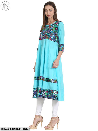 Women Printed Turquoise Blue Three-Quarter Sleeves Scoop Neck Cotton Anarkali Kurta