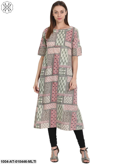 Women Printed Multi Short Sleeves Round Neck Cotton Straight Kurta