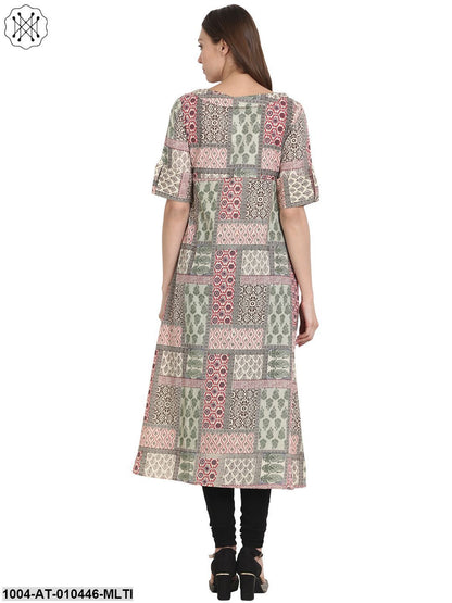 Women Printed Multi Short Sleeves Round Neck Cotton Straight Kurta
