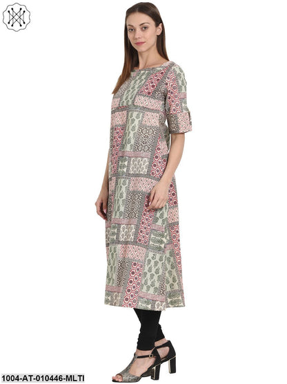 Women Printed Multi Short Sleeves Round Neck Cotton Straight Kurta