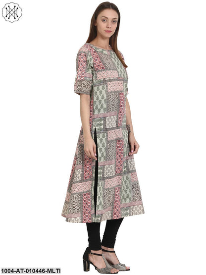 Women Printed Multi Short Sleeves Round Neck Cotton Straight Kurta