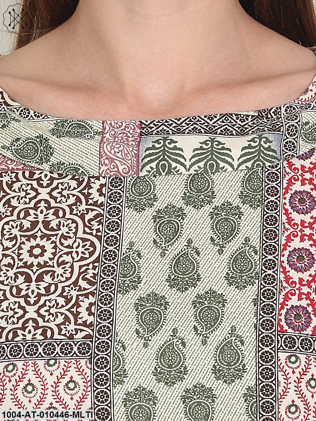 Women Printed Multi Short Sleeves Round Neck Cotton Straight Kurta