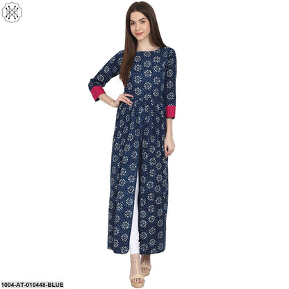 Women Printed Blue Three-Quarter Sleeves Round Neck Cotton A-Line Kurta