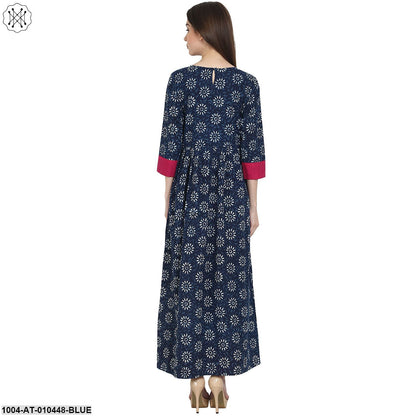Women Printed Blue Three-Quarter Sleeves Round Neck Cotton A-Line Kurta