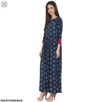 Women Printed Blue Three-Quarter Sleeves Round Neck Cotton A-Line Kurta