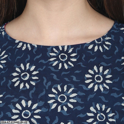 Women Printed Blue Three-Quarter Sleeves Round Neck Cotton A-Line Kurta