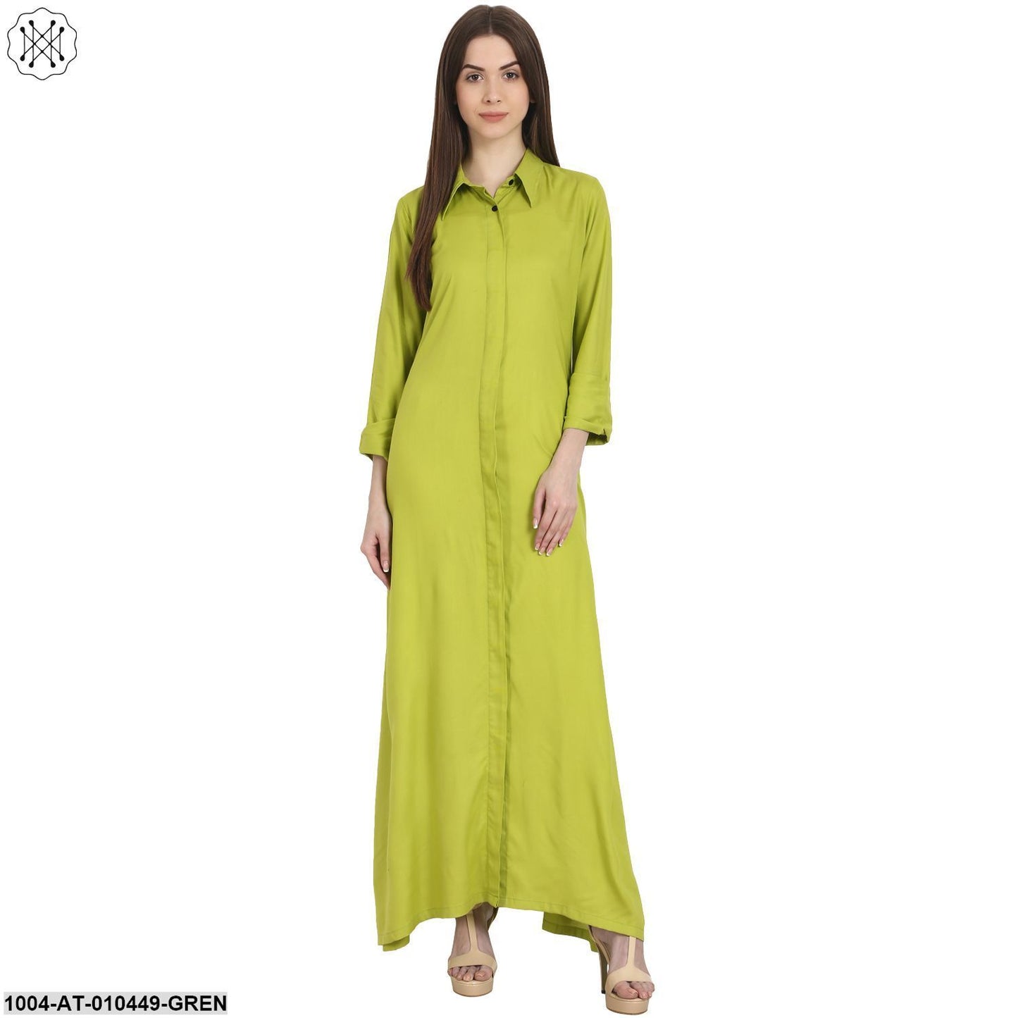 Women Solid Green Long Sleeves Shirt Collar Rayon Straight Kurta