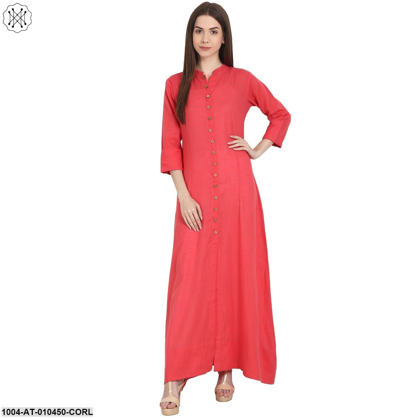 Women Solid Coral Three-Quarter Sleeves Mandarin Collar Cotton Straight Kurta