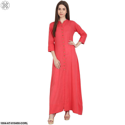 Women Solid Coral Three-Quarter Sleeves Mandarin Collar Cotton Straight Kurta