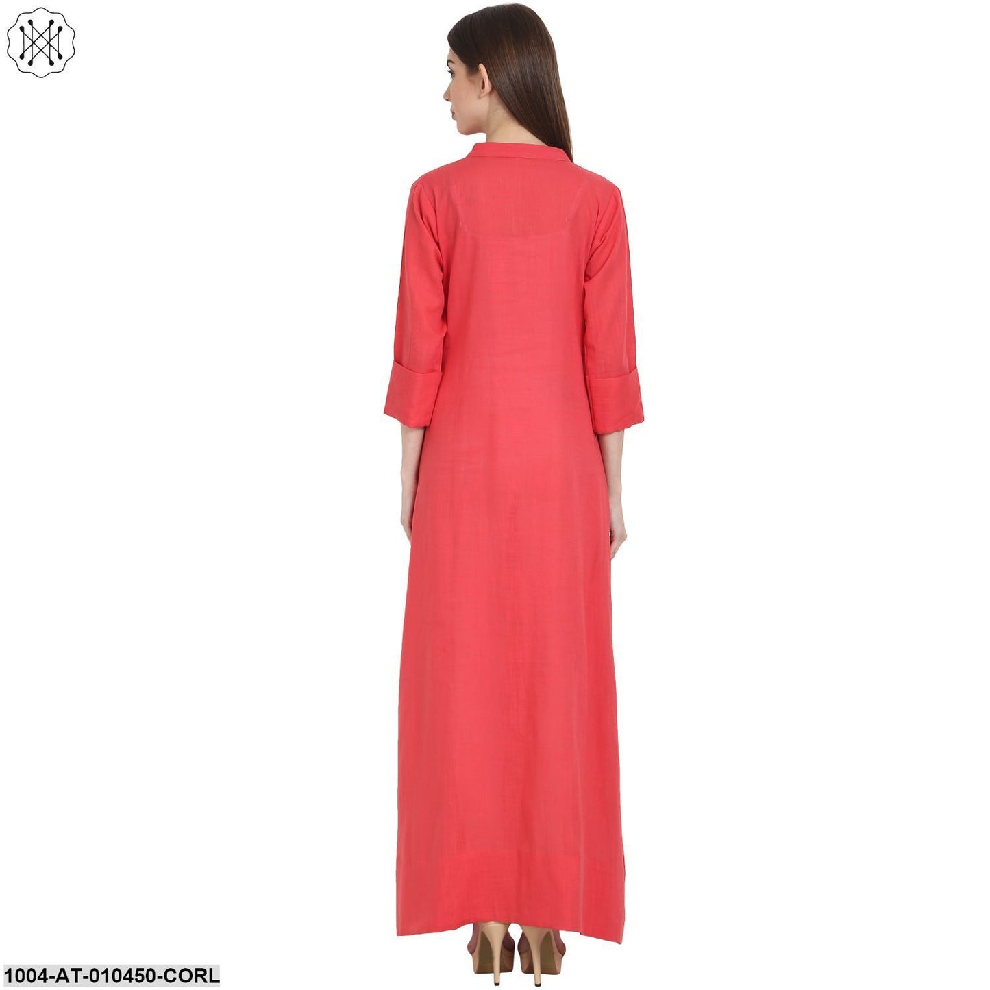 Women Solid Coral Three-Quarter Sleeves Mandarin Collar Cotton Straight Kurta