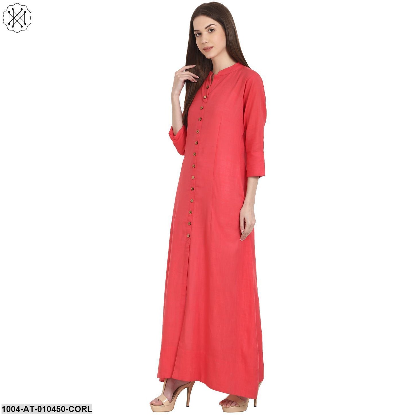 Women Solid Coral Three-Quarter Sleeves Mandarin Collar Cotton Straight Kurta