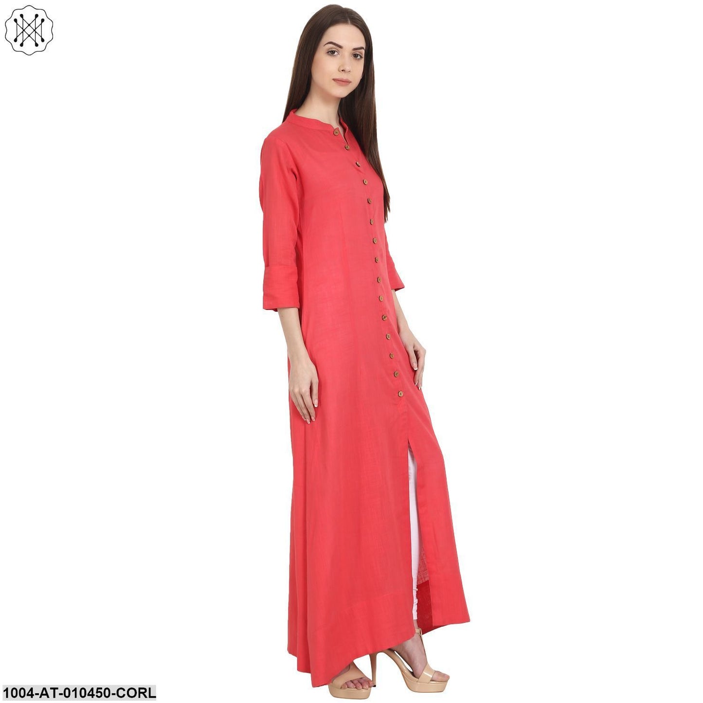 Women Solid Coral Three-Quarter Sleeves Mandarin Collar Cotton Straight Kurta
