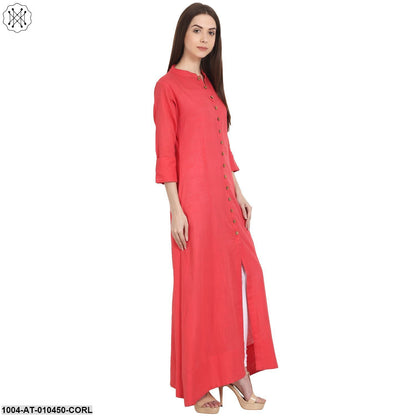Women Solid Coral Three-Quarter Sleeves Mandarin Collar Cotton Straight Kurta