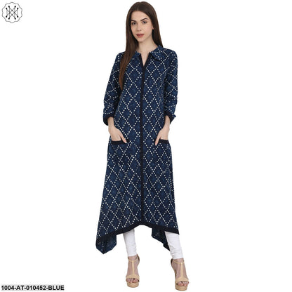 Women Printed Blue Long Sleeves Shirt Collar Cotton A-Line Kurta