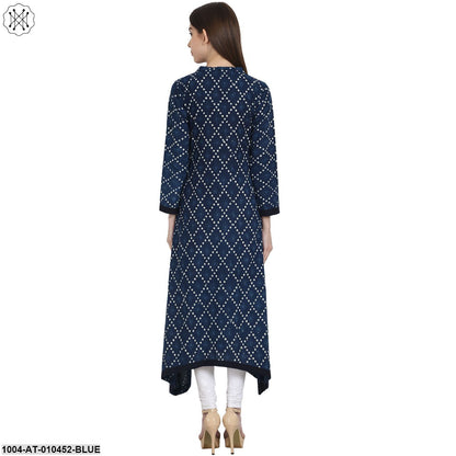 Women Printed Blue Long Sleeves Shirt Collar Cotton A-Line Kurta