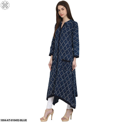 Women Printed Blue Long Sleeves Shirt Collar Cotton A-Line Kurta