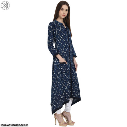Women Printed Blue Long Sleeves Shirt Collar Cotton A-Line Kurta