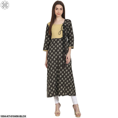 Women Printed Black Three-Quarter Sleeves Scoop Neck Cotton A-Line Kurta