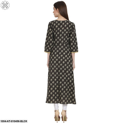 Women Printed Black Three-Quarter Sleeves Scoop Neck Cotton A-Line Kurta