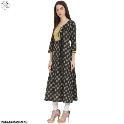 Women Printed Black Three-Quarter Sleeves Scoop Neck Cotton A-Line Kurta