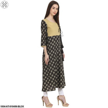 Women Printed Black Three-Quarter Sleeves Scoop Neck Cotton A-Line Kurta