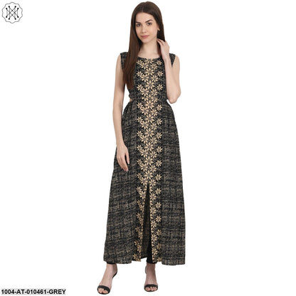 Women Printed Grey Sleeveless Scoop Neck Cotton Straight Kurta