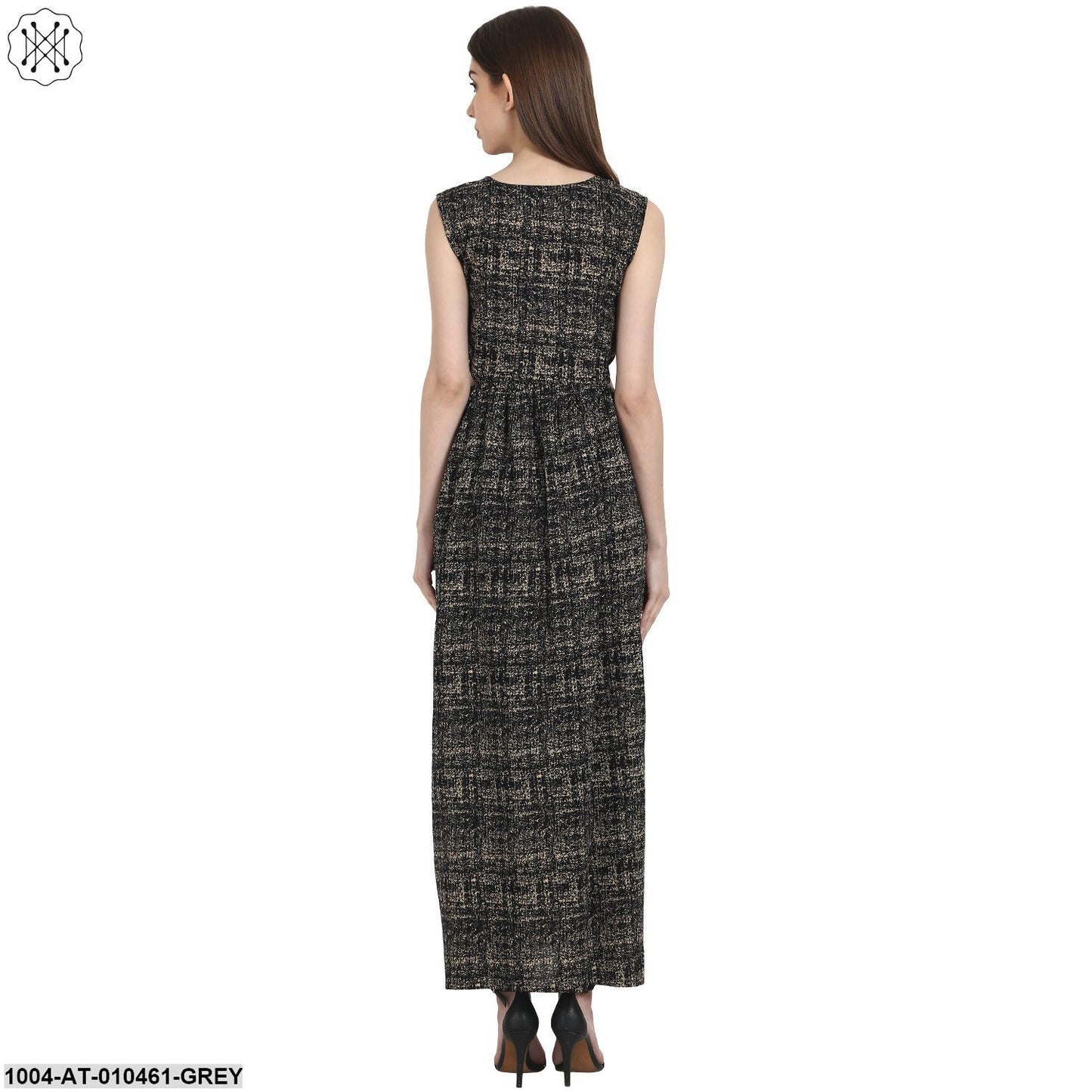 Women Printed Grey Sleeveless Scoop Neck Cotton Straight Kurta