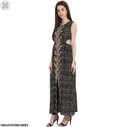 Women Printed Grey Sleeveless Scoop Neck Cotton Straight Kurta