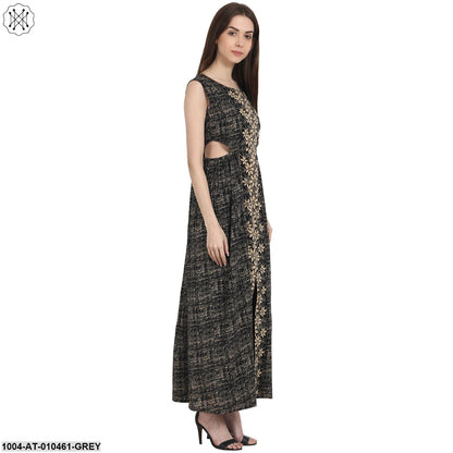 Women Printed Grey Sleeveless Scoop Neck Cotton Straight Kurta