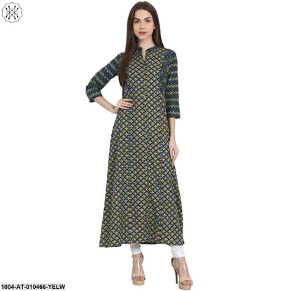 Women Printed Yellow Three-Quarter Sleeves Mandarin Collar Cotton A-Line Kurta