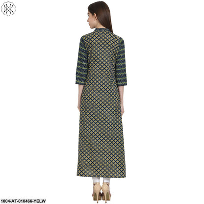 Women Printed Yellow Three-Quarter Sleeves Mandarin Collar Cotton A-Line Kurta