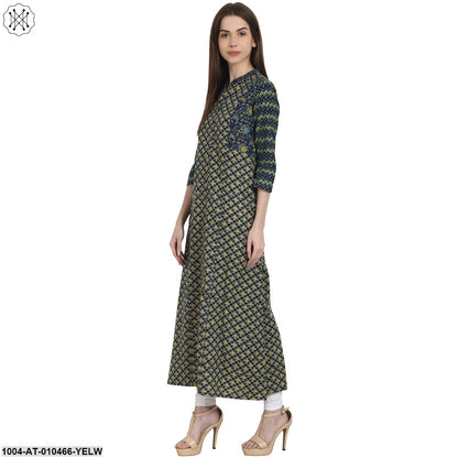 Women Printed Yellow Three-Quarter Sleeves Mandarin Collar Cotton A-Line Kurta