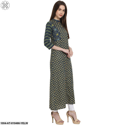 Women Printed Yellow Three-Quarter Sleeves Mandarin Collar Cotton A-Line Kurta