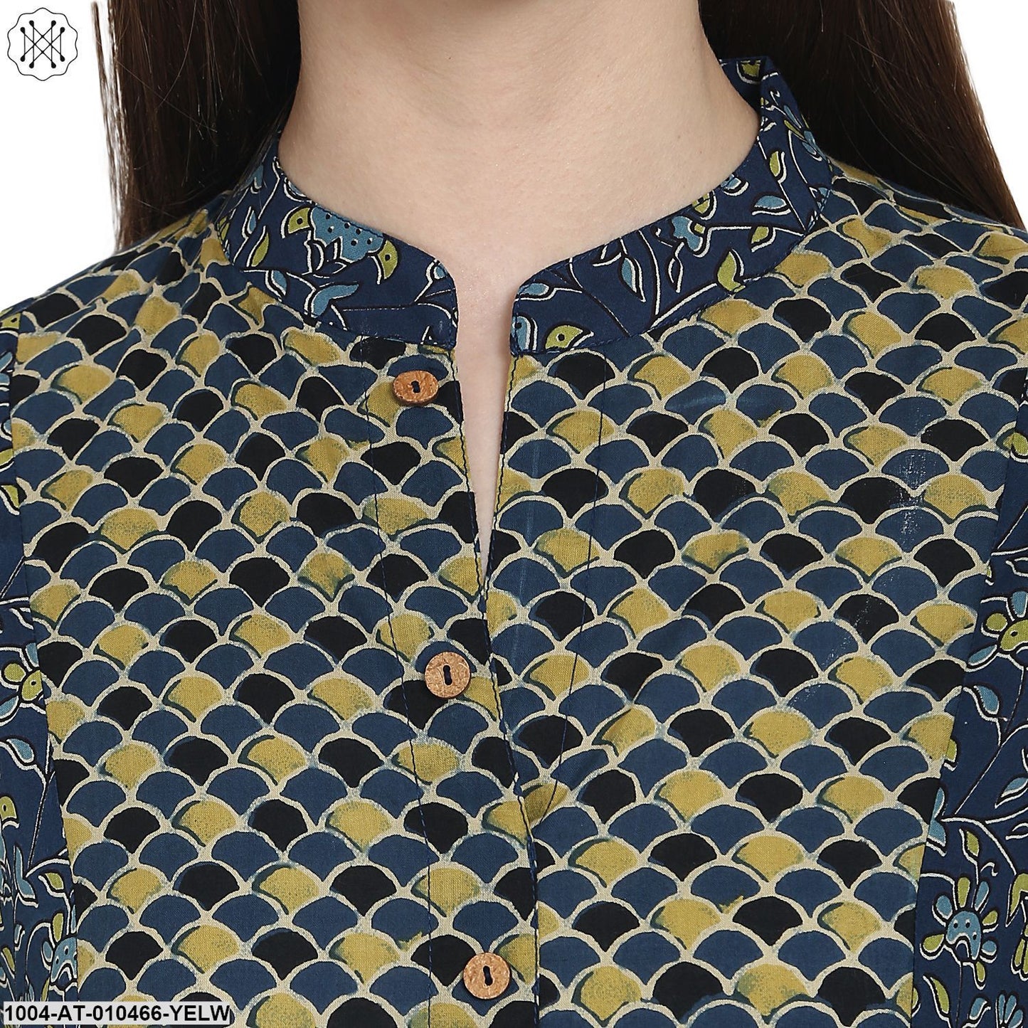 Women Printed Yellow Three-Quarter Sleeves Mandarin Collar Cotton A-Line Kurta