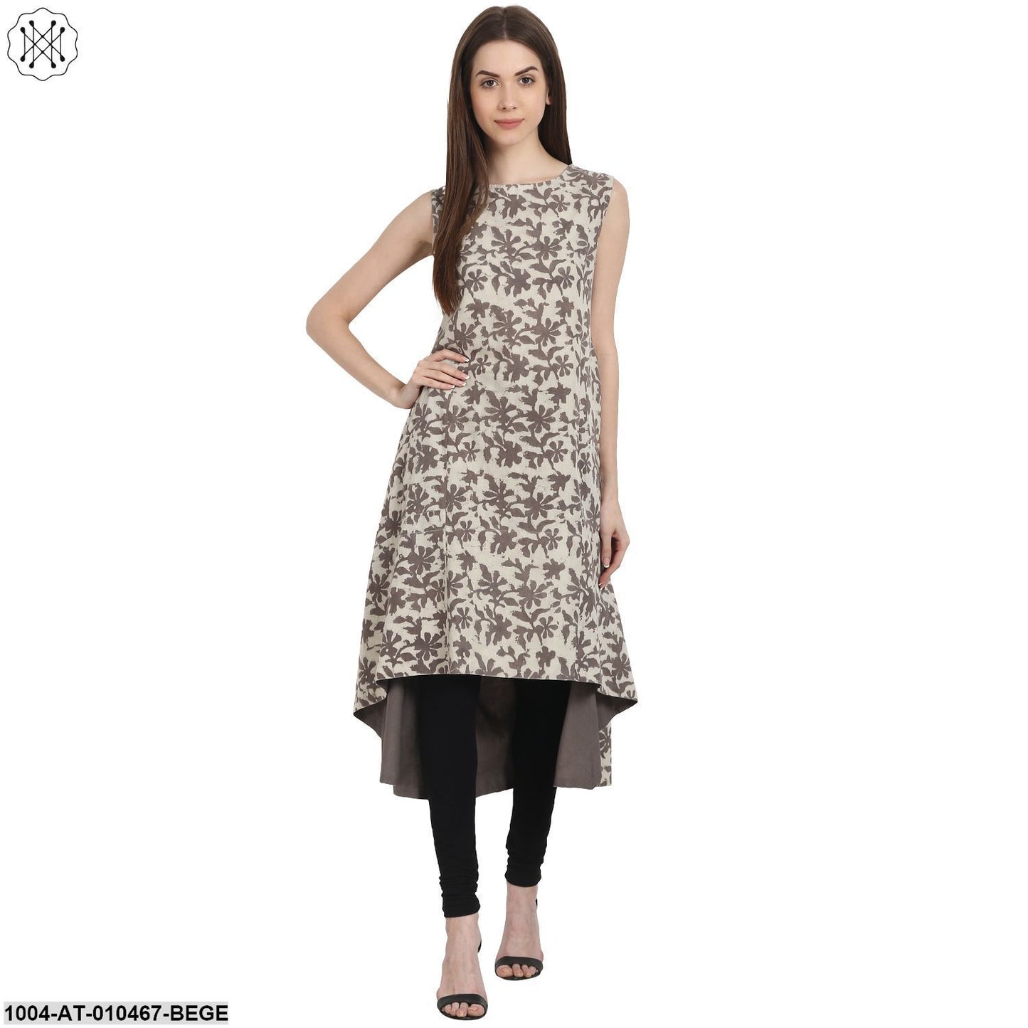 Women Printed Beige Sleeveless Round Neck Cotton A-Line Kurta