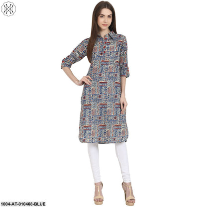 Women Printed Blue Three-Quarter Sleeves Shirt Collar Cotton Straight Kurta