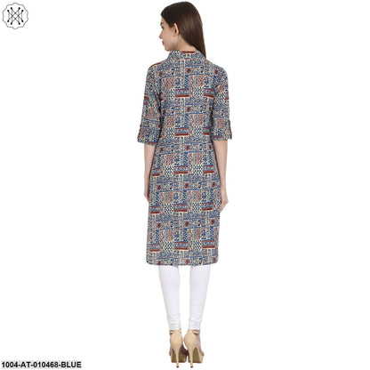 Women Printed Blue Three-Quarter Sleeves Shirt Collar Cotton Straight Kurta
